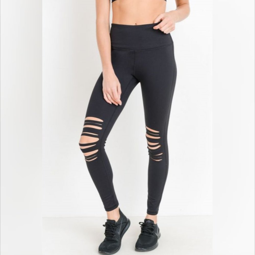 High Waist Laser Cut Ripped Knee Leggings XS-S